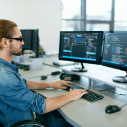 Programming. Man Working On Computer In IT Office, Sitting At Desk Writing Codes. Programmer Typing Data Code, Working On Project In Software Development Company. High Quality Image.